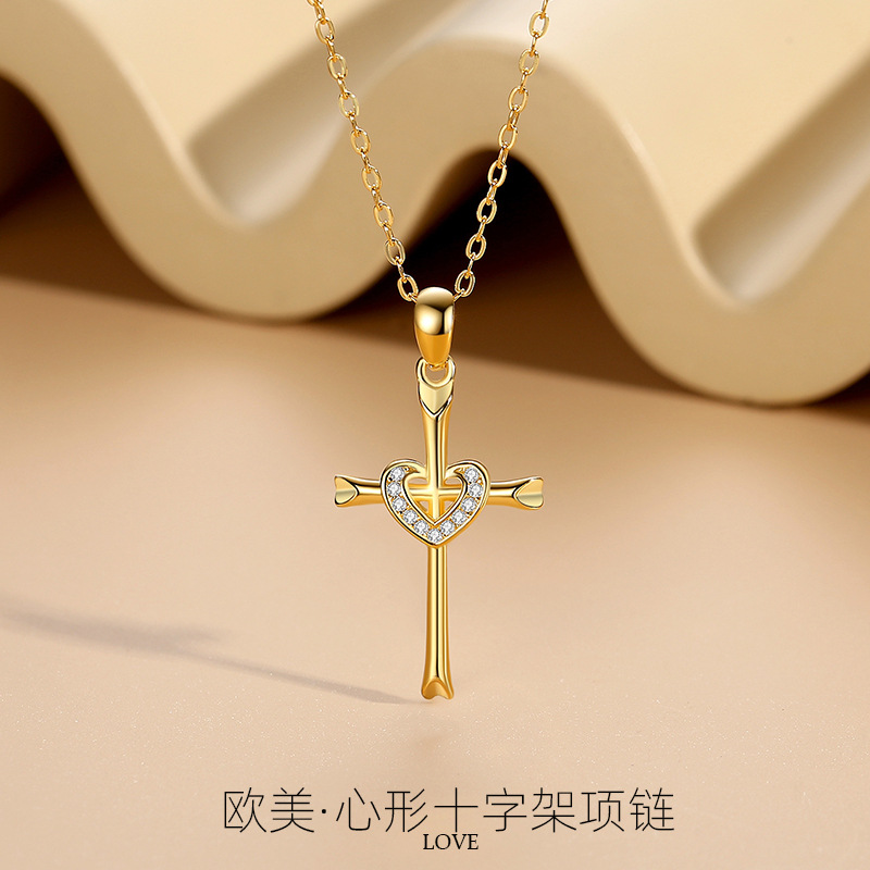 Venta caliente de Europa y América plata esterlina S925 oro real electrochapado amor Cruz ZIRCON colgante collar cadena joyería para las mujeres