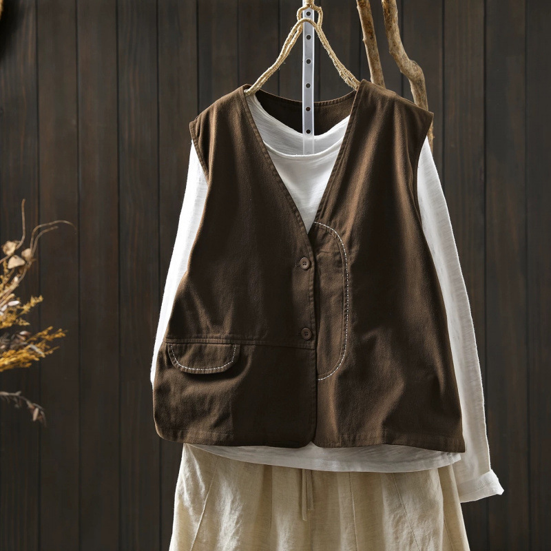 2026 New Style Cotton and Linen V-Neck Artistic Sleeveless Versatile Fashionable Women's Vest