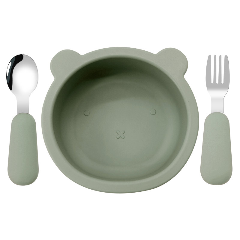 Oso para niños Tazón tenedor de silicona cuchara alimentos complementarios vajilla de alimentación resistente a las caídas suministros maternos e infantiles tazón de silicona dibujos animados oso Tazón
