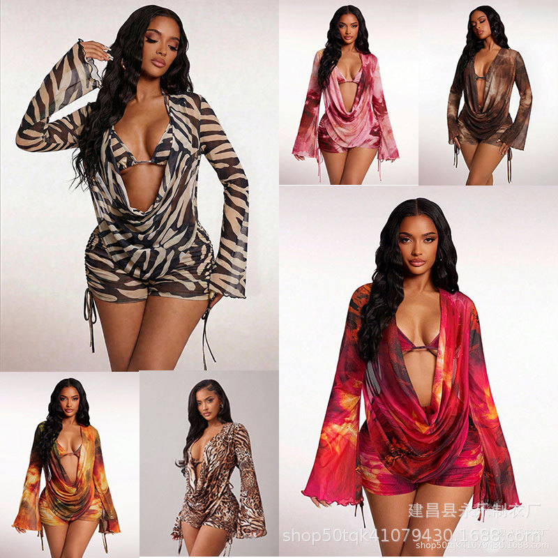 2026 Summer New European and American Style Painted Print Boxer Swimsuit for Women, Mesh Sheer Swimwear, Conservative for Hot Springs