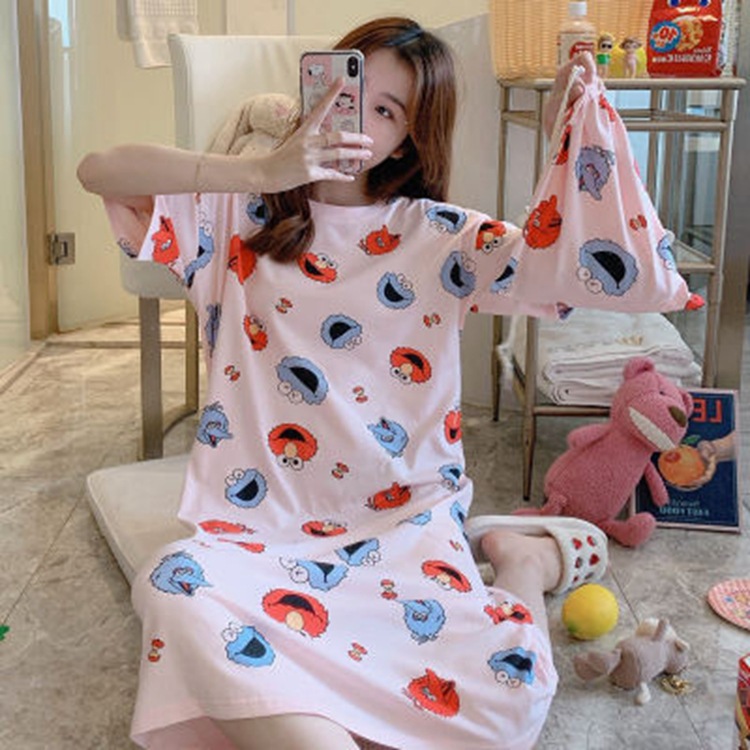 Camisón de las mujeres pijamas de verano Mediados de falda estilo princesa coreana fresca dulce suelta manga corta más tamaño vestido de una pieza con bolsa de tela