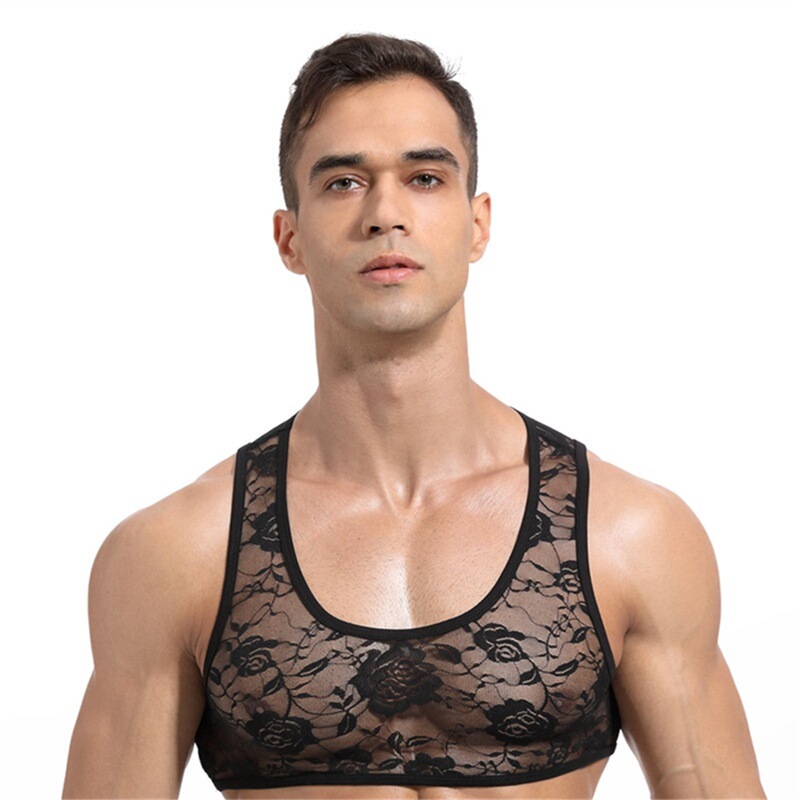 Men's Vest Sexy Transparent Lace Mesh Elastic Tight-Fitting Abdominal Muscle Corset Can Be Paired with Shorts Suit