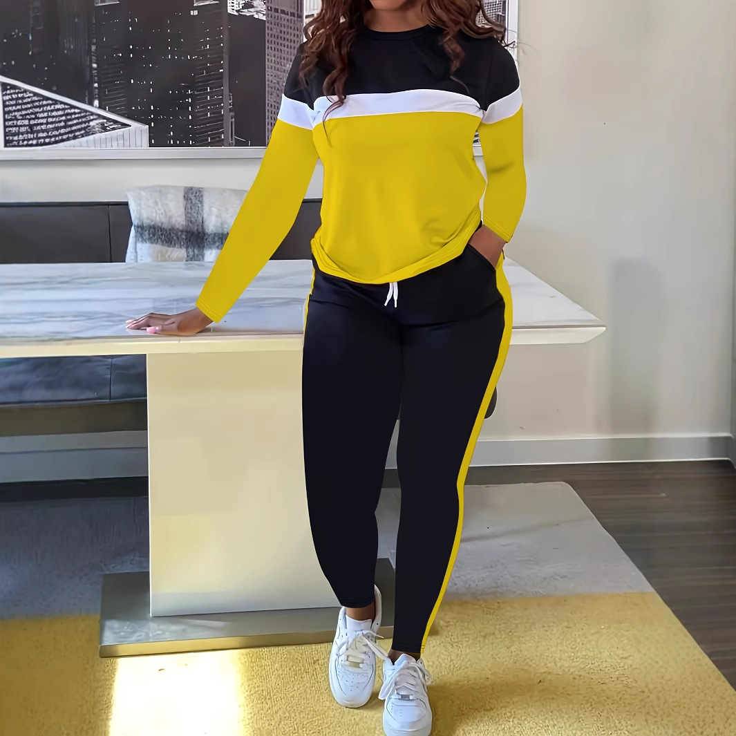 Damen-Loungewear-Set im Color-Blocking-Stil – Zweiteiliges Outfit bestehend aus Langarmshirt und Jogginghose mit Kordelzug, bequemes und lässiges Ensemble für Herbst und Winter_voghion.com