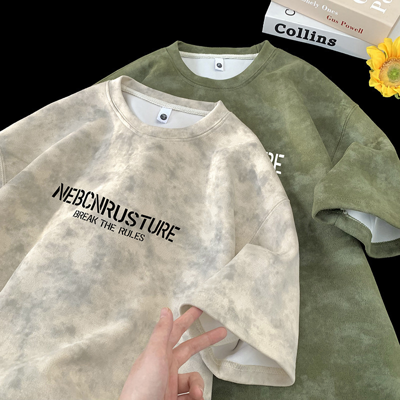 230 グラム夏アメリカンハンサムタイダイ Tシャツメンズルーズトレンディ半袖 Tシャツブラックホワイトダークグレーアーミーグリーン|undefined
