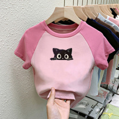 純綿の女の子の半袖のtシャツ2025夏の新型の赤ちゃんの洋風のカジュアルな上着の子供の漫画の半袖の夏服