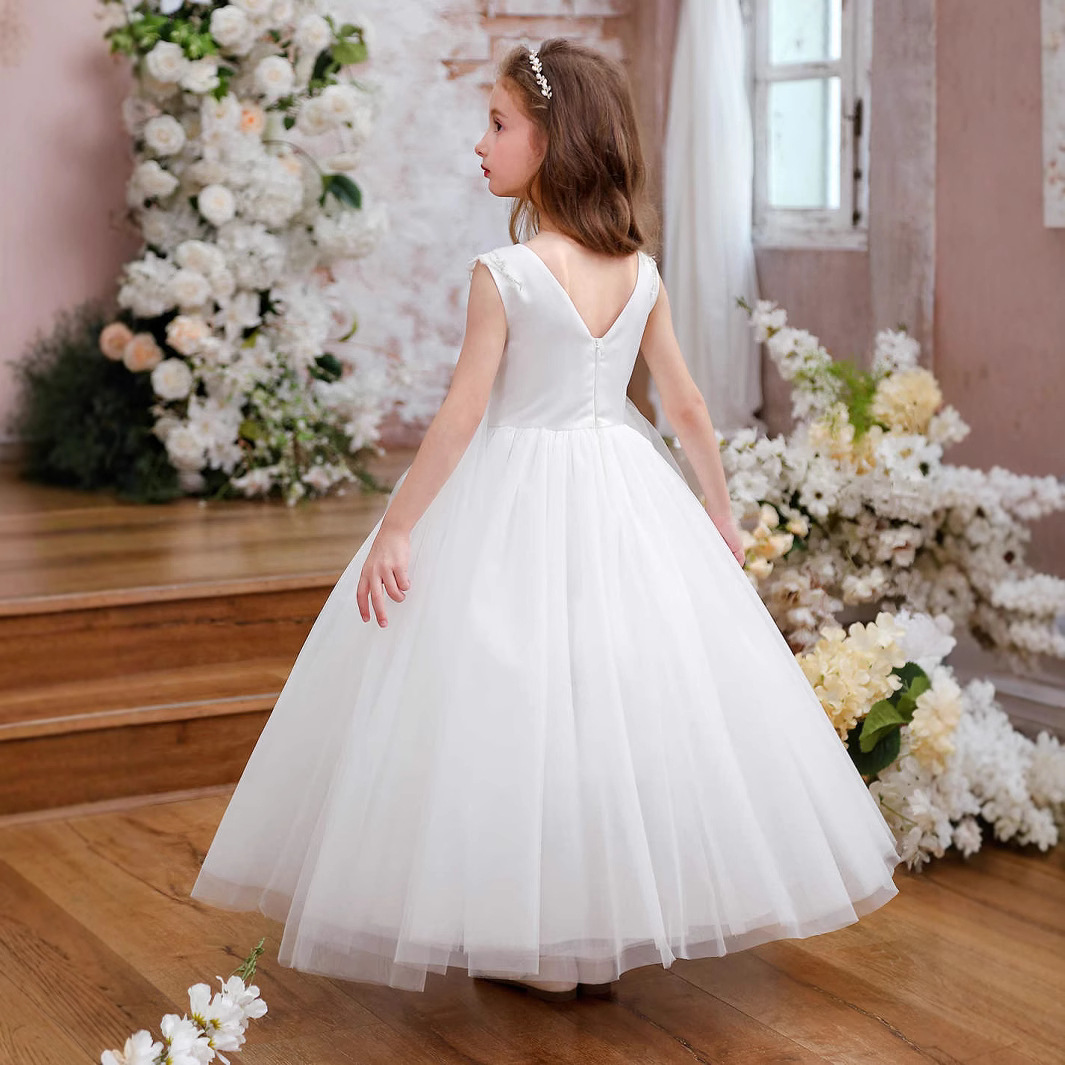 Vestido de tule champanhe sem mangas para meninas, com cinto de renda e strass, ideal para casamentos infantis (3 a 8 anos) 【Pré-venda | Envio em 15 dias】_voghion.com