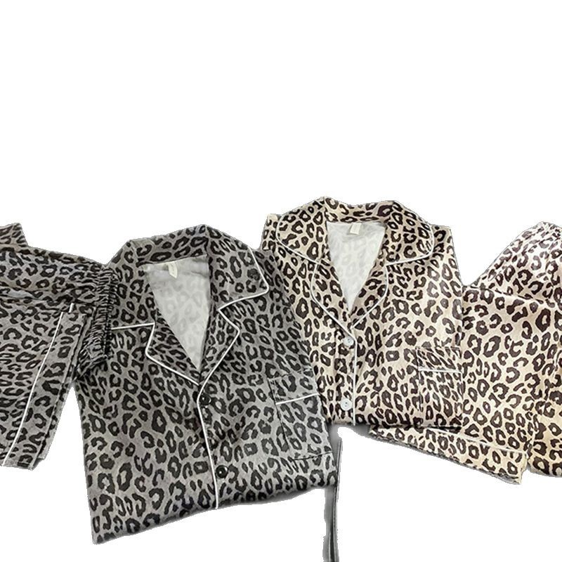 2025 nuevo leopardo de seda de hielo pareja pijama de primavera y otoño mujeres de manga larga de alta sensación de ropa de casa de seda para hombres verano