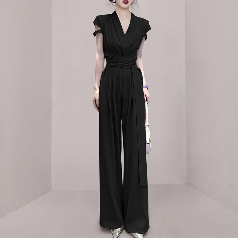 Sentido del cinturón de temperamento de cintura con cuello en V para damas, pantalones delgados de pierna ancha 2023 nuevo mono Yujie Fan transfronterizo