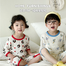儿童家居服套装2024夏季新款韩版卡通A类纯棉薄款短袖睡衣空调服