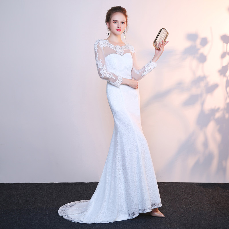 Comercio exterior de Europa y América Amazon AliExpress deseo nuevo encaje manga larga sexy backless fishtail vestido novia puede ser personalizado