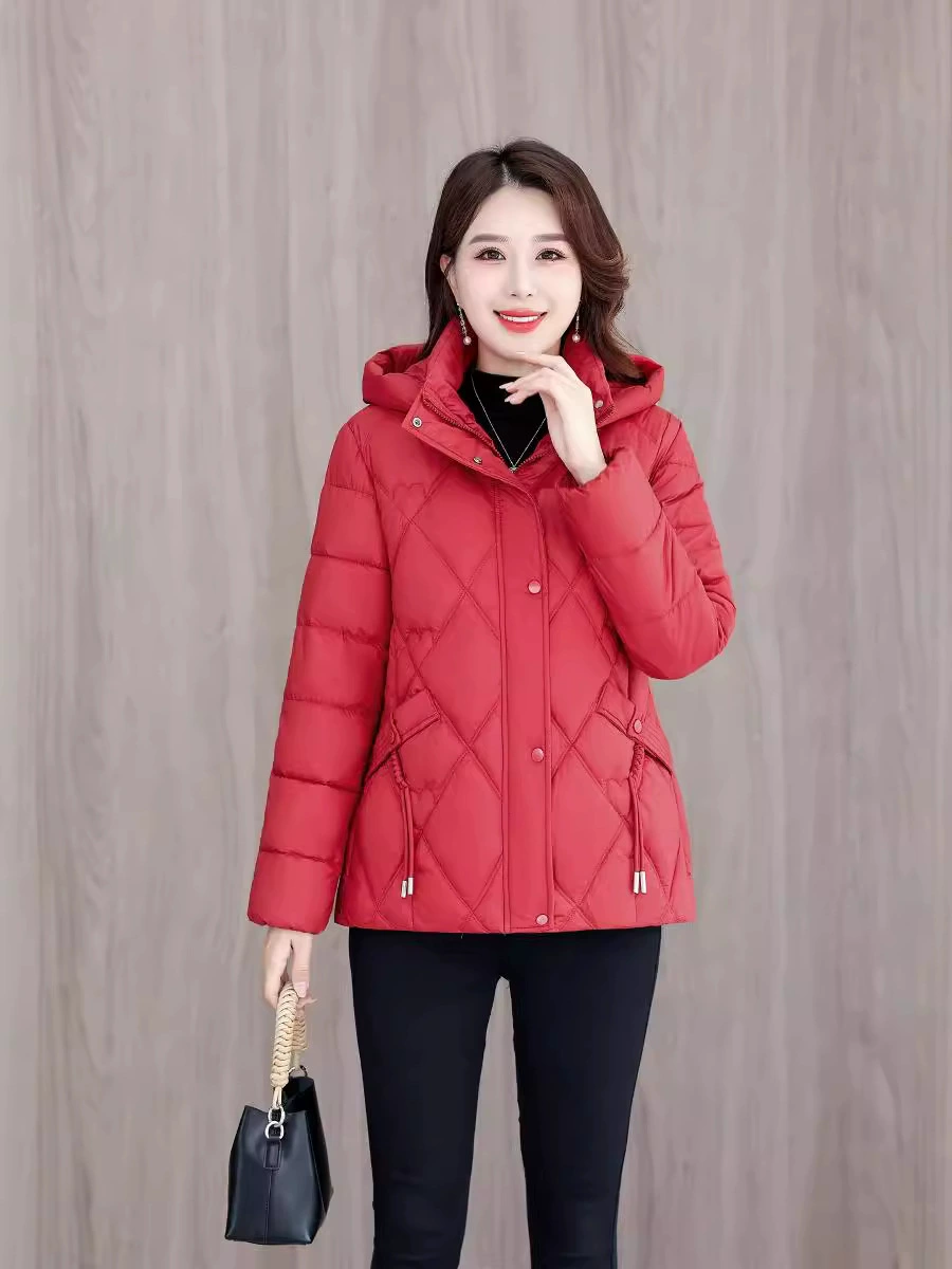 Winter short fitted warm down jacket with down with hood, Korean style, for middle age