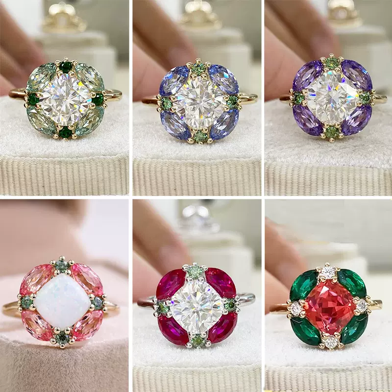 鸽子蛋培育彩宝戒指K金饰品泡泡糖复古奢华拼接各色彩色宝石戒指