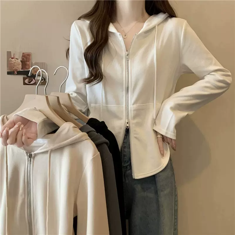 2024新款白色连帽卫衣女春秋款长袖开衫外套显瘦短上衣设计感小众