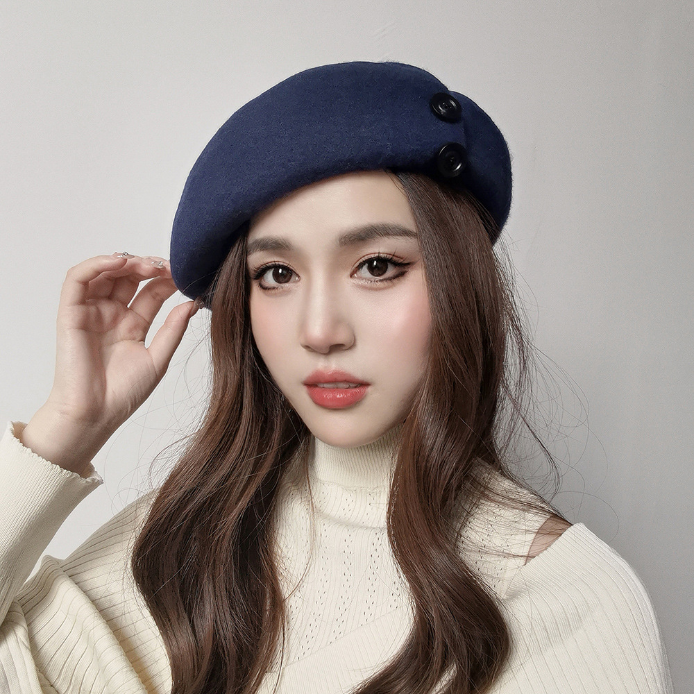 Autumn and winter fashion casual warm button decoration plus large elastic sweatband wool beret painter trendy hat_viptrois.com