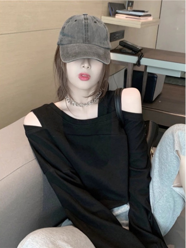 港风假两件拼接卫衣女士2025春秋新款简约设计感露肩宽松休闲上衣|undefined