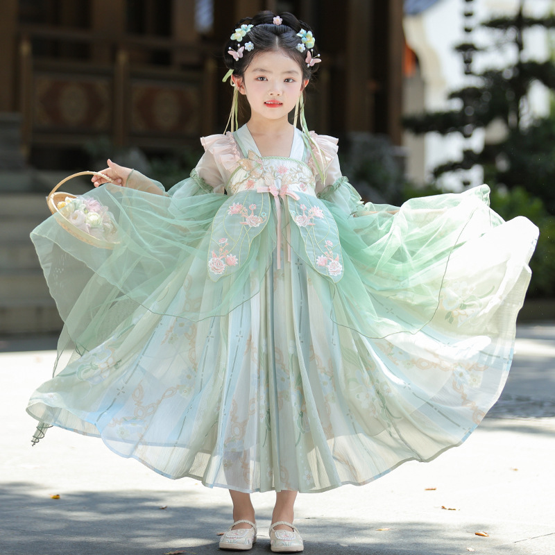 Girls' Hanfu Mid-Autumn Festival Ancient Style Little Girl's Ruched Dress Children's Traditional Princess Dress Retro Catwalk Tang Suit Dress for Summer