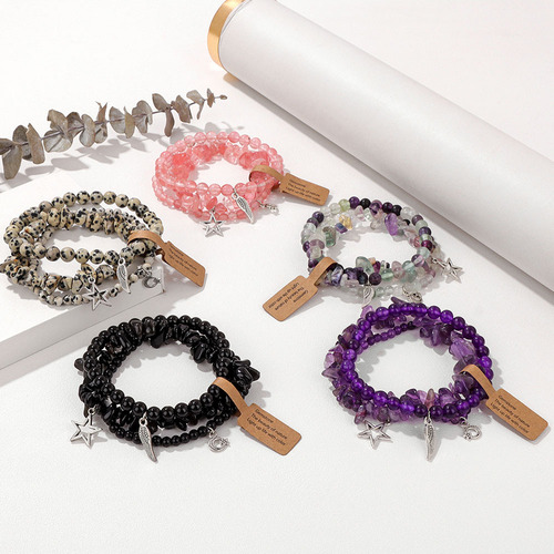 Gemstone beads bracelet set label simple new star leaf pendant elastic cord bracelet cross-border