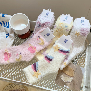 Fantasy Starry Thickened Coral Fleece Socks Women's Winter Warm Stockings Cute Moon Sleeping Socks Floor Socks