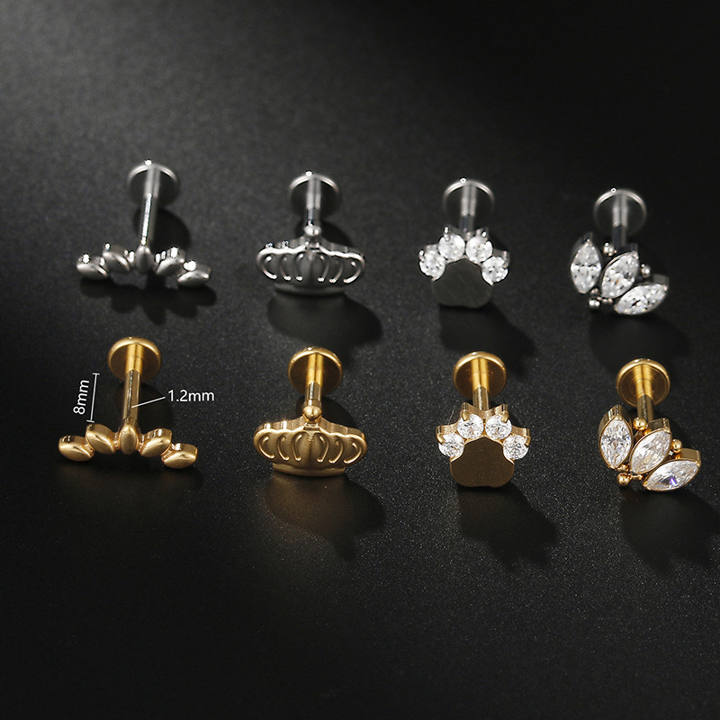 Daily Occasion Titanium Steel Material Simple Style Crown Titanium Steel Inlay Zircon Lip Stud