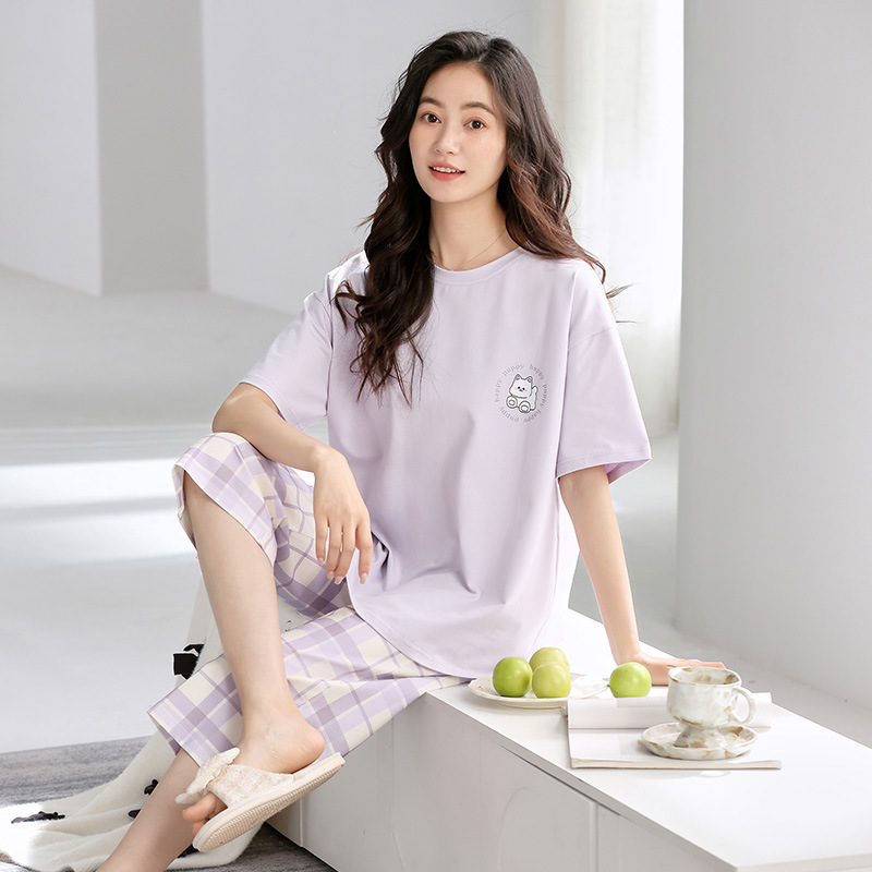 2026 Summer New Style Pure Cotton Women's Pajamas, Thin Short-Sleeved Three-Quarter Pants, Extra Large Size, Can Be Worn Outside, Home Wear Set 2026 Summer New Style Pure Cotton Women's Pajamas, Thin Short-Sleeved Three-Quarter Pants, Extra Large Size, Can Be Worn Outside, Home Wear Set