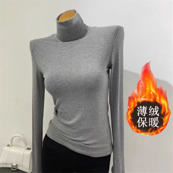 高领长袖T恤2025新款女秋冬白色紧身磨毛保暖上衣弹力内搭打底衫|undefined