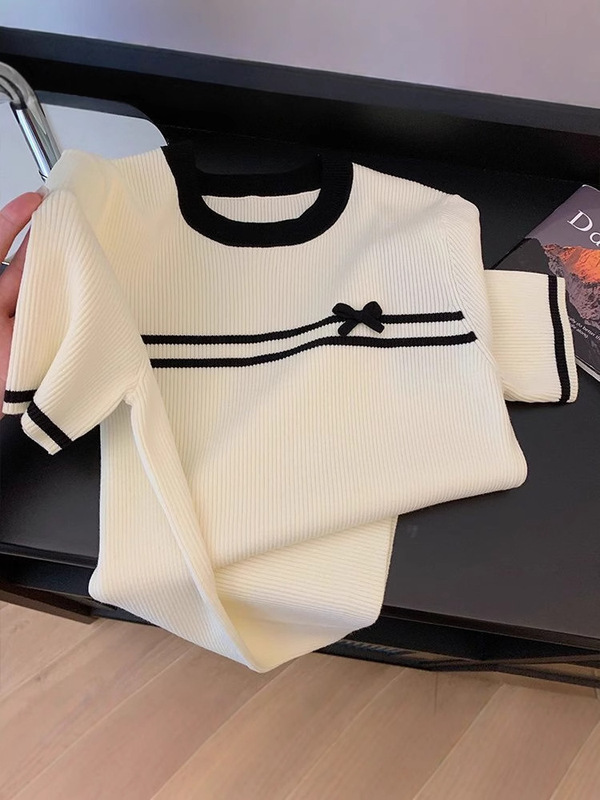 ゆったり痩身【40-100kg】ラウンドネックコントラストアイスシルクトップレディース夏リボン右肩半袖Tシャツ|undefined