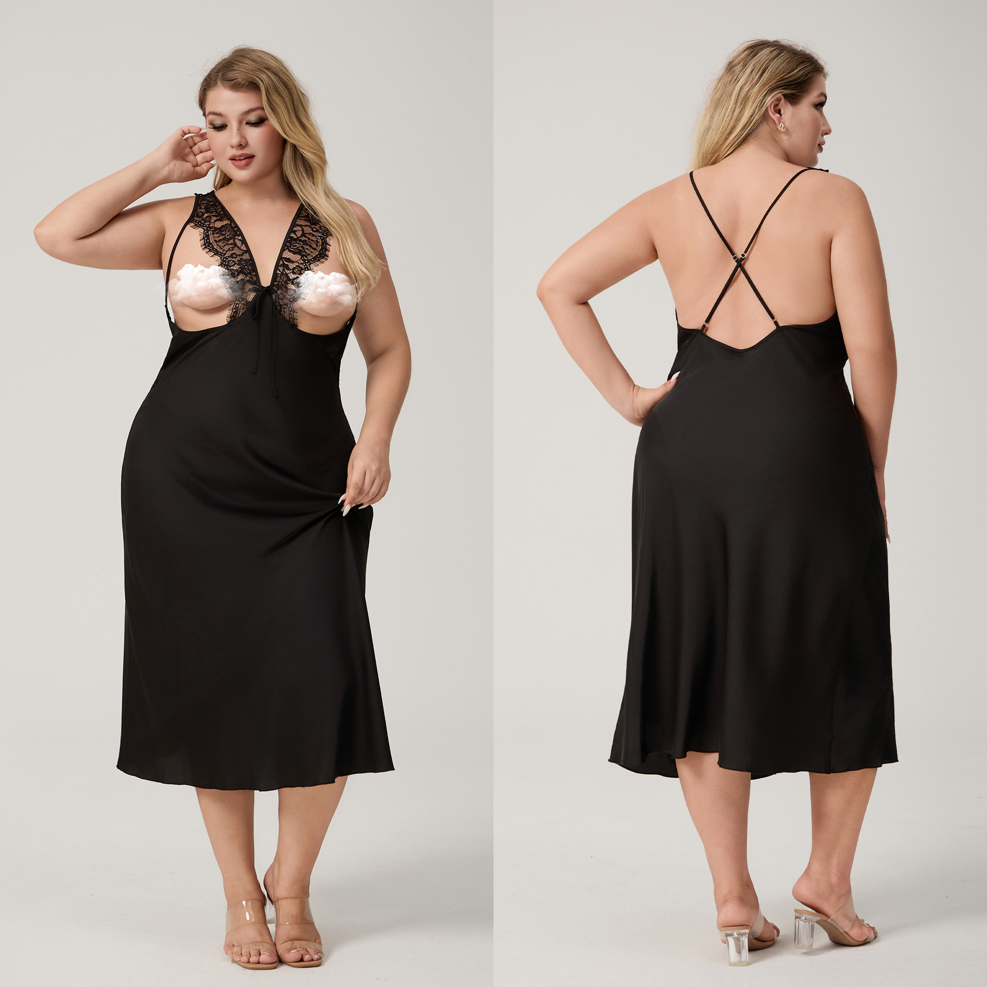 Yaoting transfronterizo de tamaño grande satén cabina pijama mujer verano damas encaje sexy pijama ropa larga para el hogar CQ3814