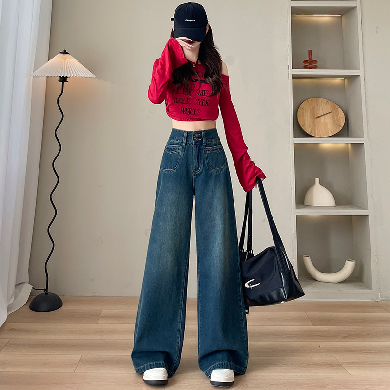 Vintage jeans de piernas anchas azules de otoño de mujeres nuevos mm grandes gordos sueltos y delgados en forma de pera pantalones de cintura alta image 4