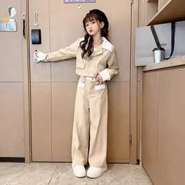 女童韩版休闲套装中大童春秋新款洋气短款翻领外套长裤西装两件套