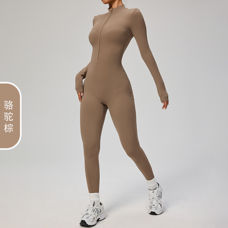 添亿欧美拉链裸感长袖瑜伽连体服高强度健身运动连体紧身衣8306|undefined