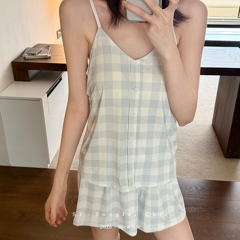Cross-Border Exclusive Supply of Ice Silk Camisole Pajama Set for Women, Summer Thin Style with Built-In Cup, Printed Home Wear Two-Piece Set