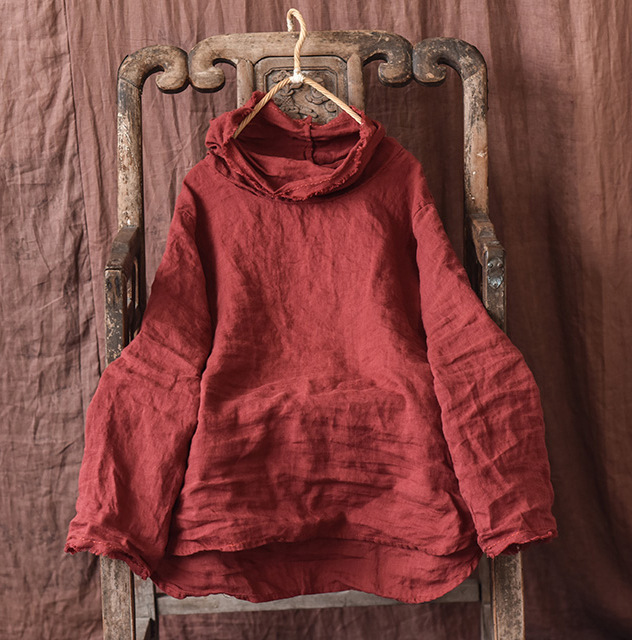 4033 Homemade Four Seasons Sand Washed Linen Handmade Stitch Artistic Blouse Piled Collar Mix Base Shirt