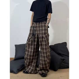 美式格子挂件弯刀工装休闲裤男女款慵懒多褶皱松弛感阔腿长裤卫裤