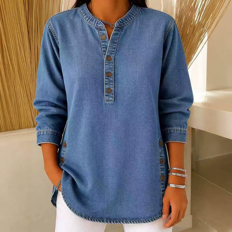New European and American style casual women's denim shirt with buttons, V-neck, short sleeves, washed denim top YX2026046