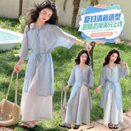 女童夏装套装2026新款洋气儿童时髦防晒长衫三件套女孩夏季衣服潮
