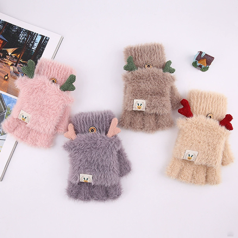 knitted gloves, demi-season cute keep warm set for students, fingerless