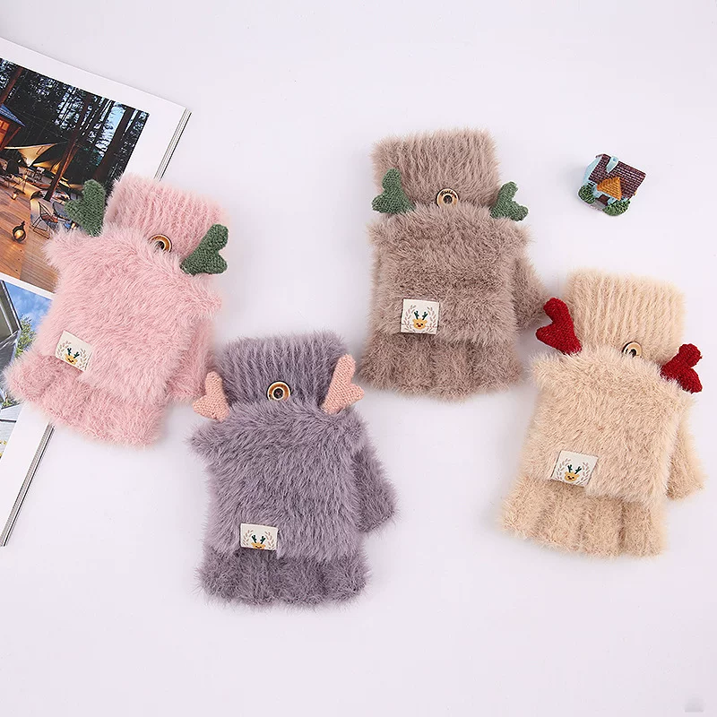 knitted gloves, demi-season cute keep warm set for students, fingerless