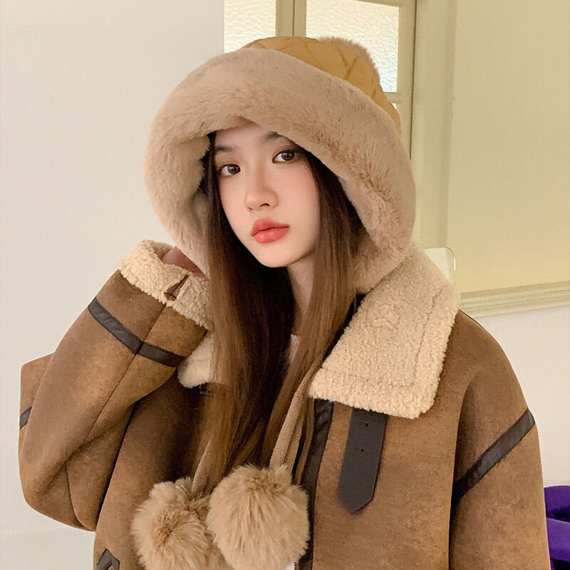 帽子女2025新款冬季羽绒棉毛球防风防寒保暖帽骑行护耳毛绒雷锋帽|undefined