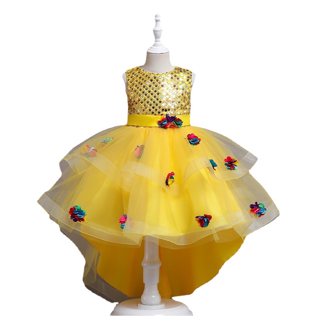 2022 europeos y americanos nuevos niños princesa vestido niñas malla flor chaleco trailing vestido piano rendimiento ropa