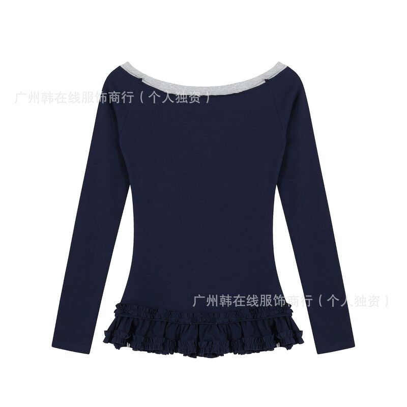 现货韩系撞色亮片斜肩长袖T恤女春秋荷叶边设计感显瘦内搭上衣|undefined