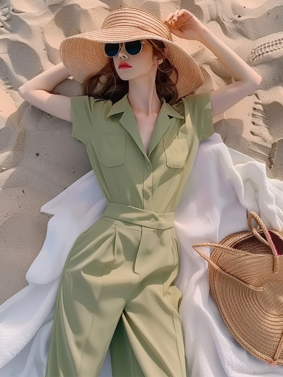 Jumpsuit nữ dài tay sơ mi xanh lá cây mới mùa hè 2024 chất vải xếp nếp mềm mại — xanh lá cây chi tiết 5