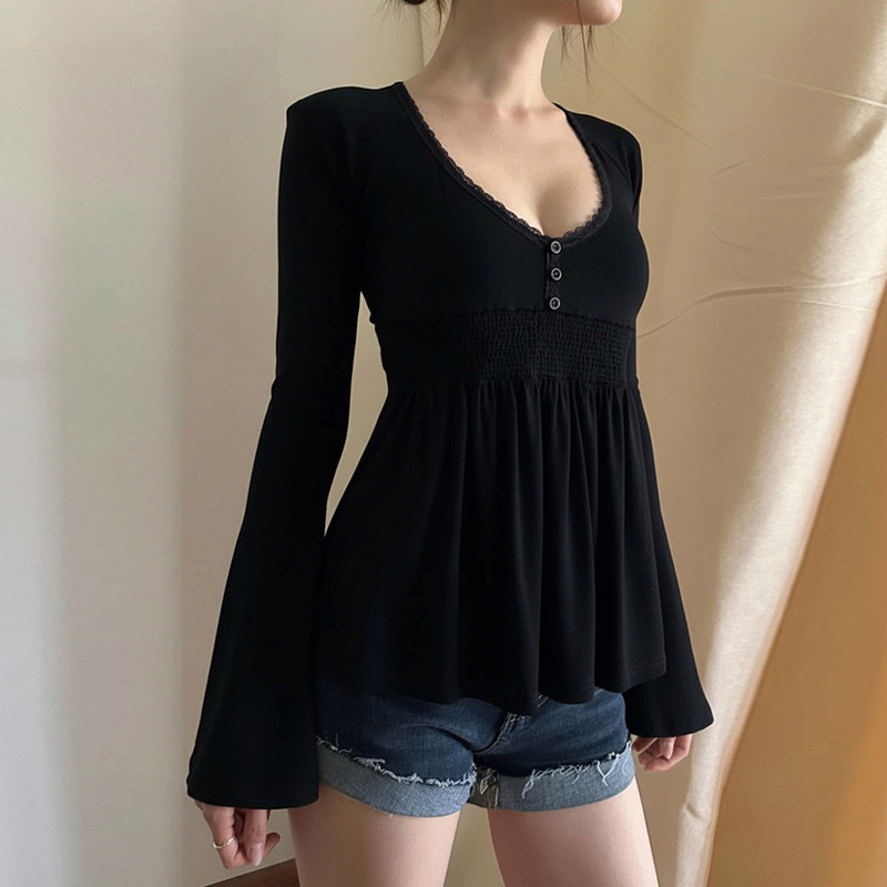 Sexy Women's Style Lace Splicing Low-Cut Trumpet Long-Sleeved T-Shirt Retro Niche Age-Reducing Hem Babydoll Top