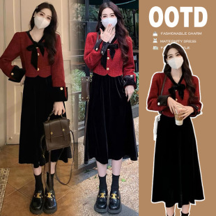 Breastfeeding Clothes French Vintage Fragrance dress Autumn and Winter Hot Mom Postpartum Breastfeeding Stitching Fake Two-Piece Long Dress