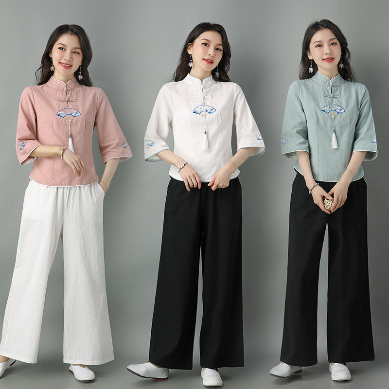Republic of China Style Women's Clothing Tang Suit Plain Clothing Zen Tea Clothing Improved Hanfu New Chinese Style Top Ear-picking Foot Therapist Work Clothing