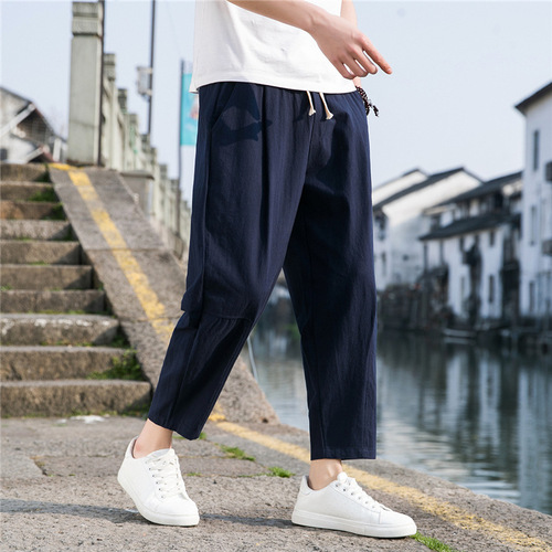 New Chinese-style cotton and linen pants for men, summer thin loose wide-leg pants, cotton and linen and harem casual pants, simple quarter pants for men