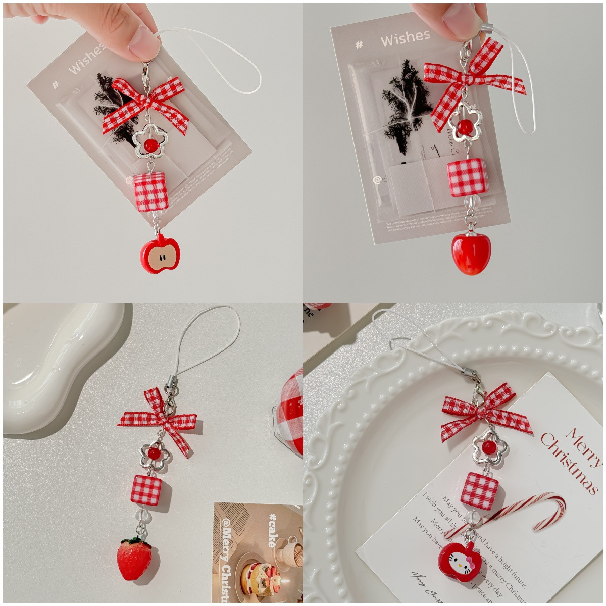 Japanese Cute Sweet Strawberry Bow Beaded Mobile Phone Chain Christmas Red Apple Fruit Pendant Bag Hanging Keychain