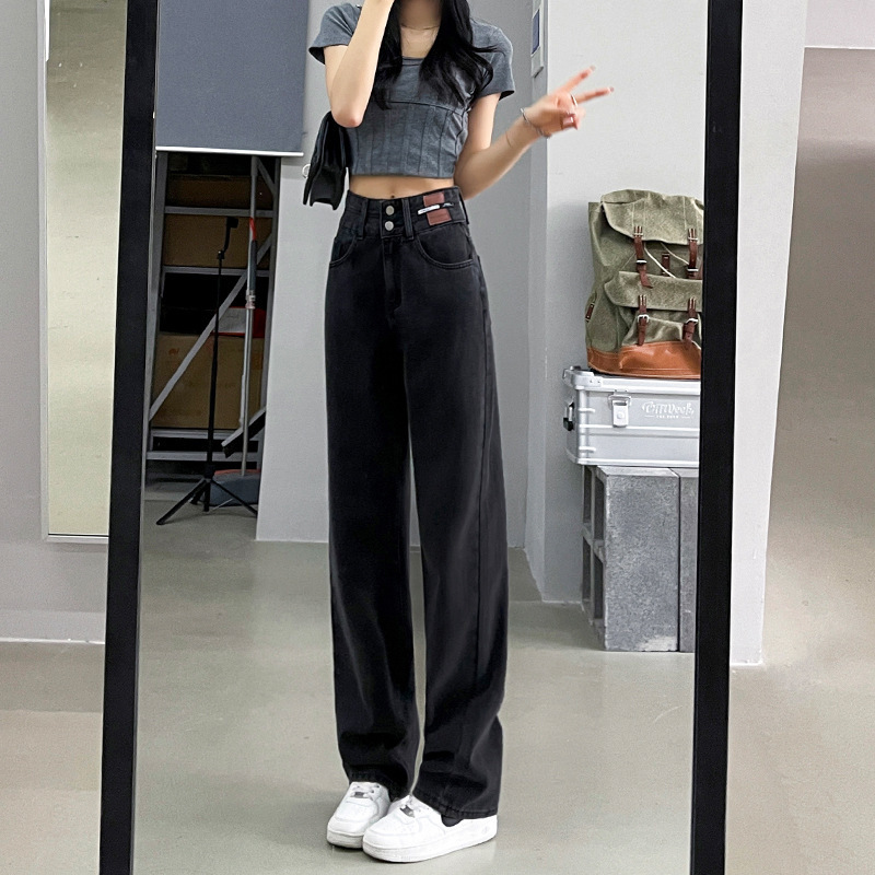 レトロハイウエストワイドレッグジーンズ春と秋の女性の2025新しい狭いバージョンは股をカバーし、スリムに見せます、ロングフロアレングスストレートパンツ|undefined