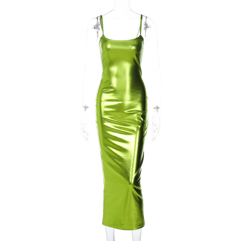 Sexy Einfarbig U-ausschnitt Ärmellos Patchwork Pu Maxi Langes Kleid Trägerkleid display picture 5