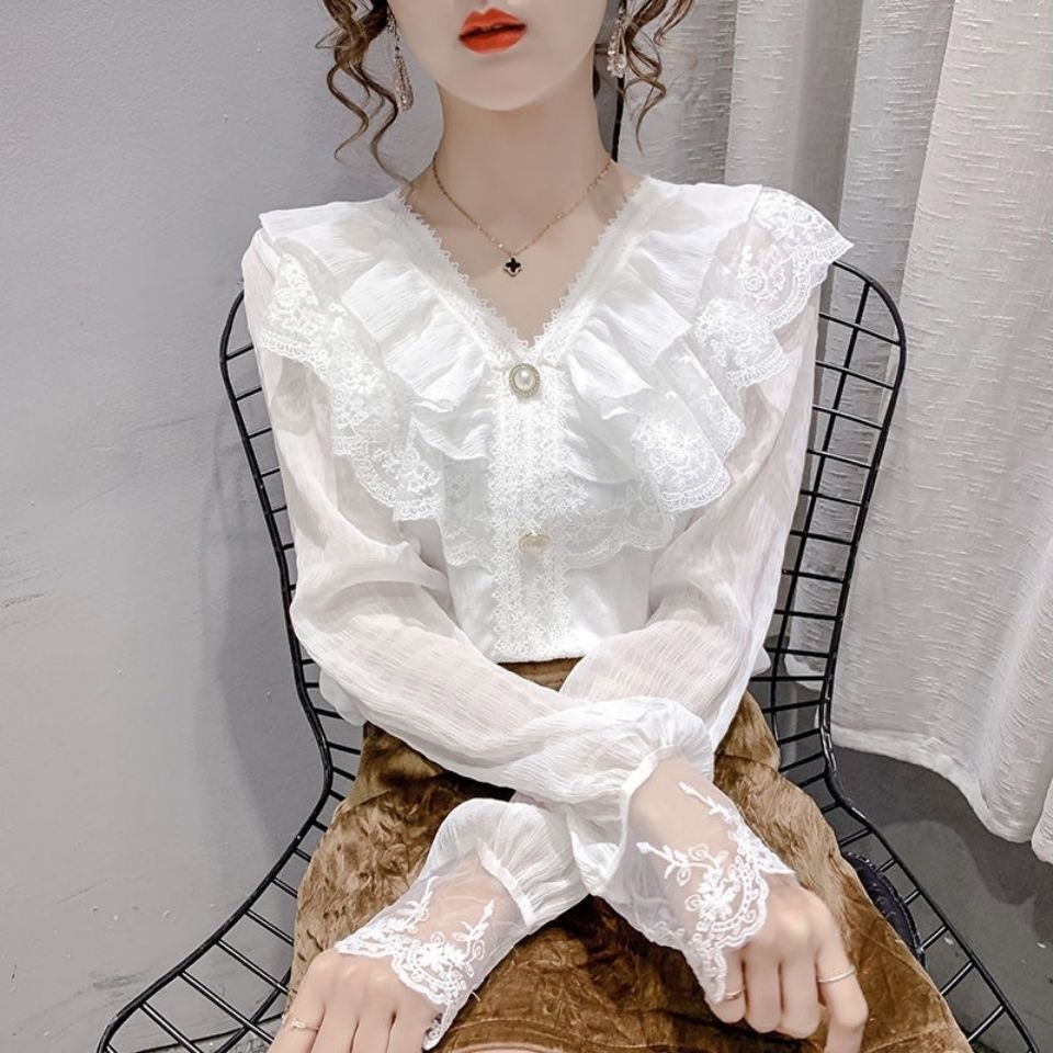 2024 spring and autumn new Korean style fashion V-neck lace ruffled…