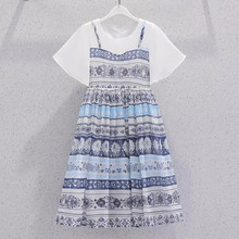 女童连衣裙夏季新款洋气时尚民族风假两件套裙子中大童女孩夏装裙